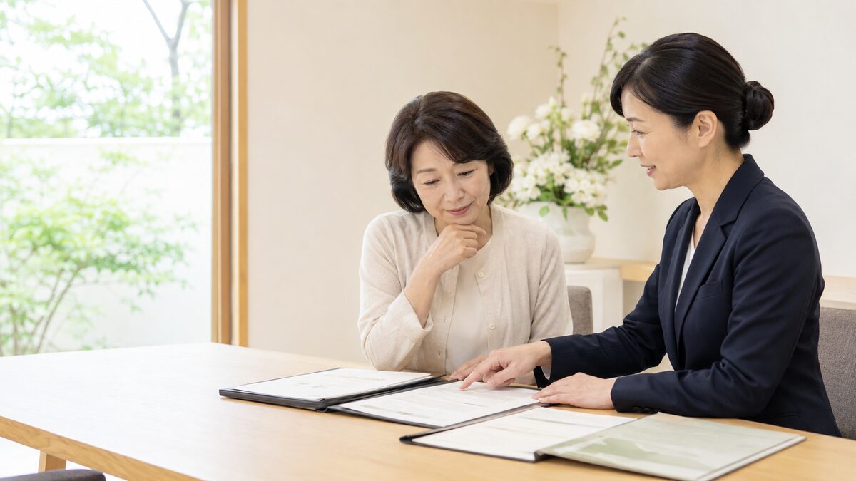 葬儀社の見積書を担当者と確認する50代女性