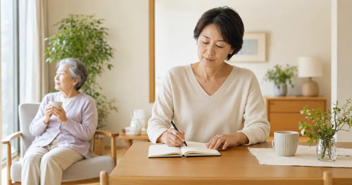 母親との関係に悩み、気持ちをノートに整理する50代女性