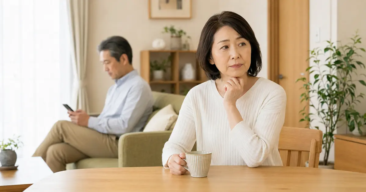 スマートフォンを見る夫の様子を気にする50代女性