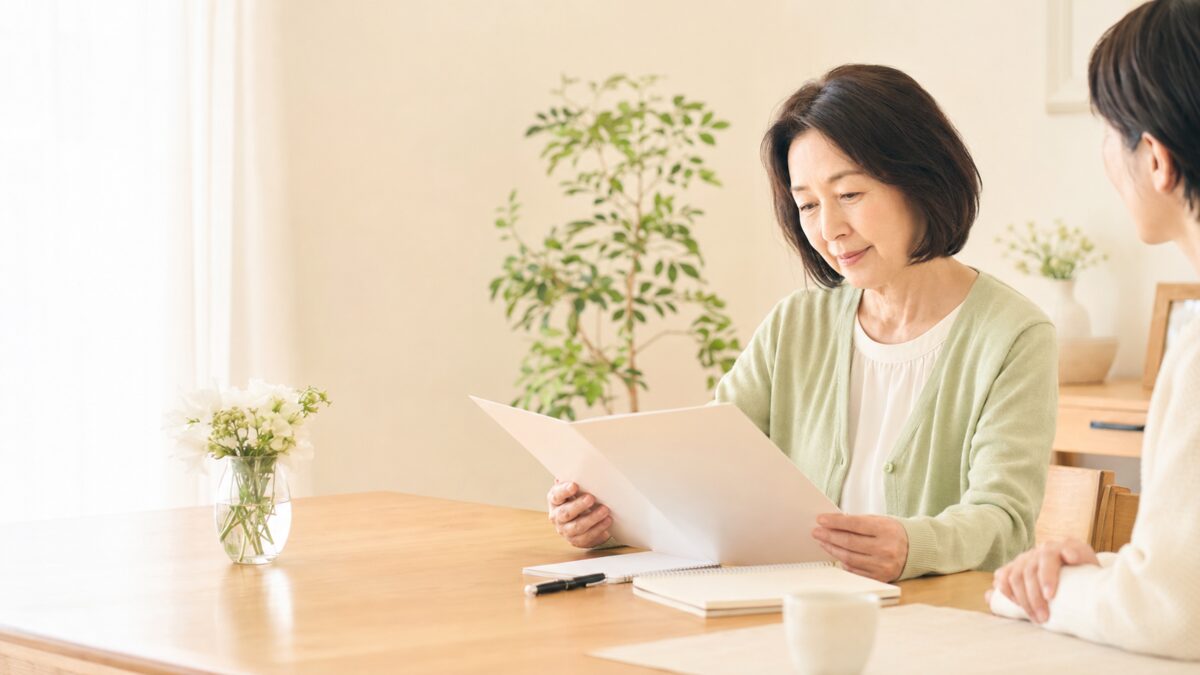葬儀の事前相談について家族と書類を確認する50代女性