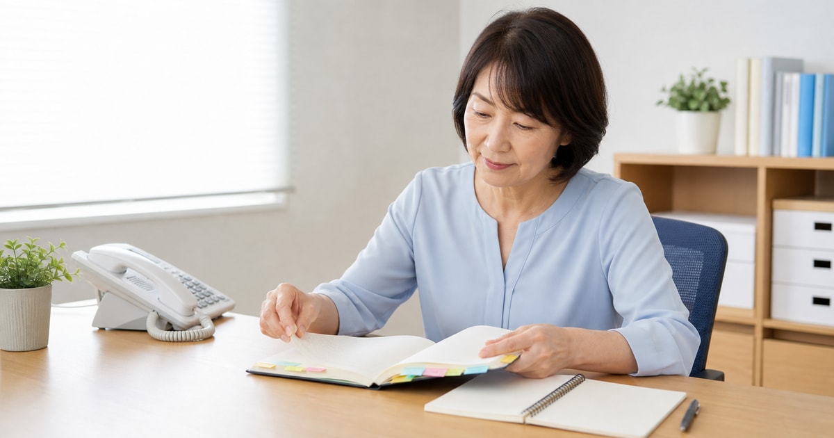 色分けした仕事用ノートを見直す50代の女性