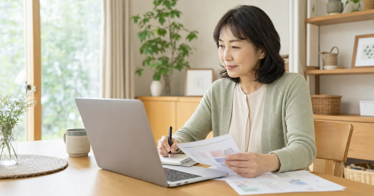 自宅で求人情報を見ながら仕事を探す50代女性