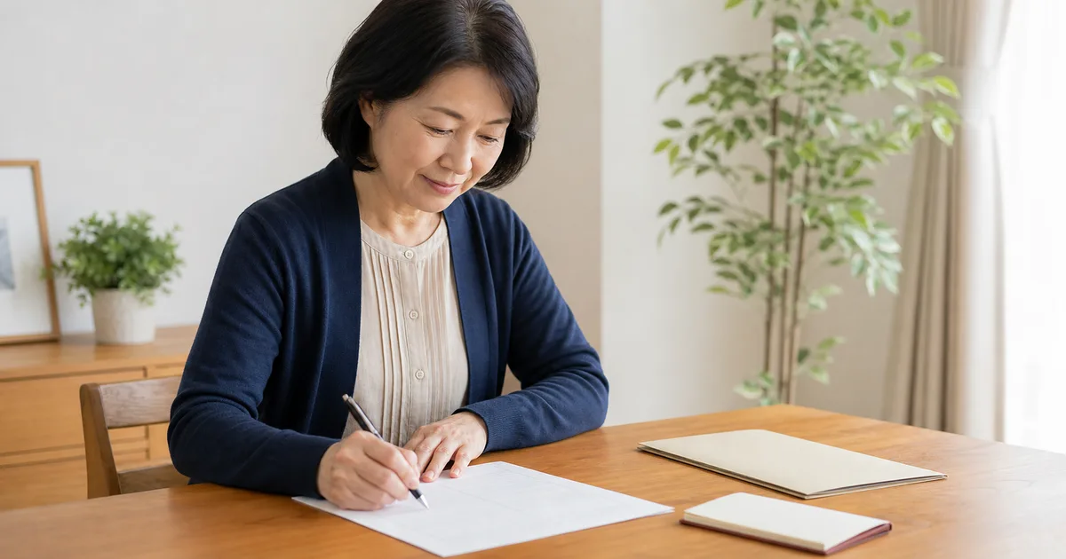 自宅で手書きの履歴書を作成する50代女性