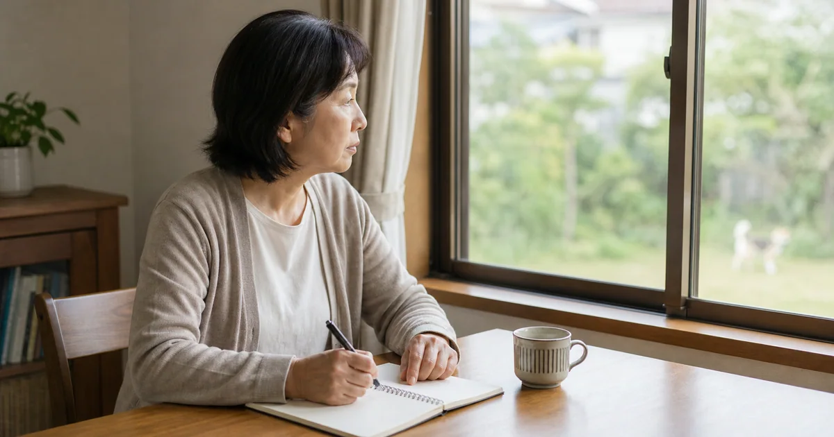 近所の犬の鳴き声について日時をノートに記録する50代女性