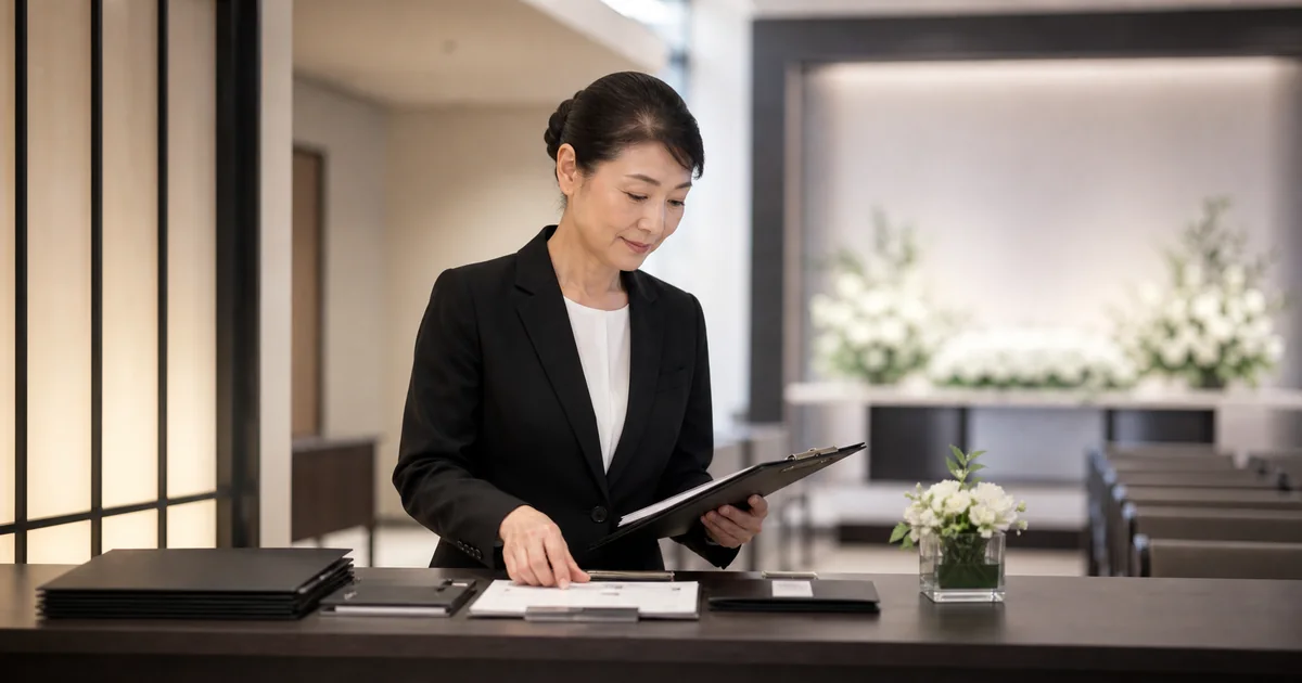 葬儀会館の受付で準備をする50代女性スタッフ