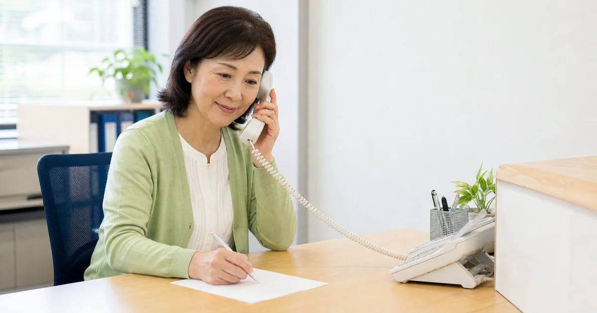 職場の電話を受けながら伝言メモを取るパート女性